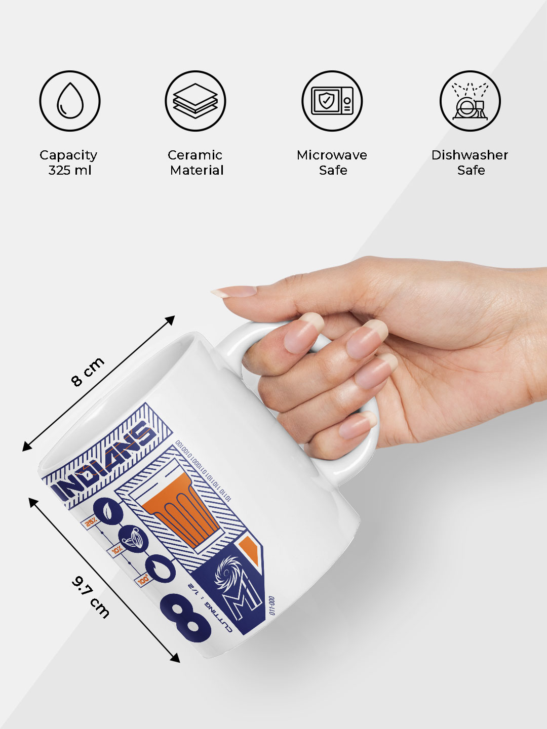 Mumbai Indians Ceramic Glossy Printed Mug, Microwave and Dishwasher Safe, Tea and Coffee Mug - 325 ml (White/Blue) - Pac (7)