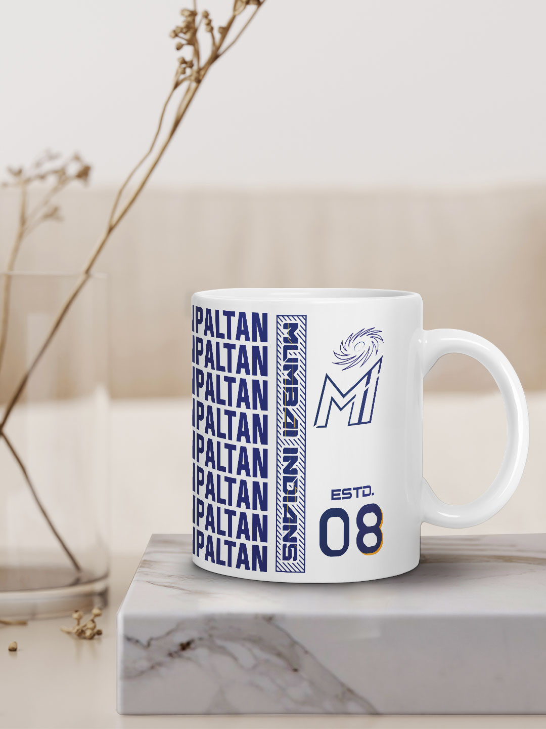 Mumbai Indians Ceramic Glossy Printed Mug, Microwave and Dishwasher Safe, Tea and Coffee Mug - 325 ml (White/Blue) - Pac (2)
