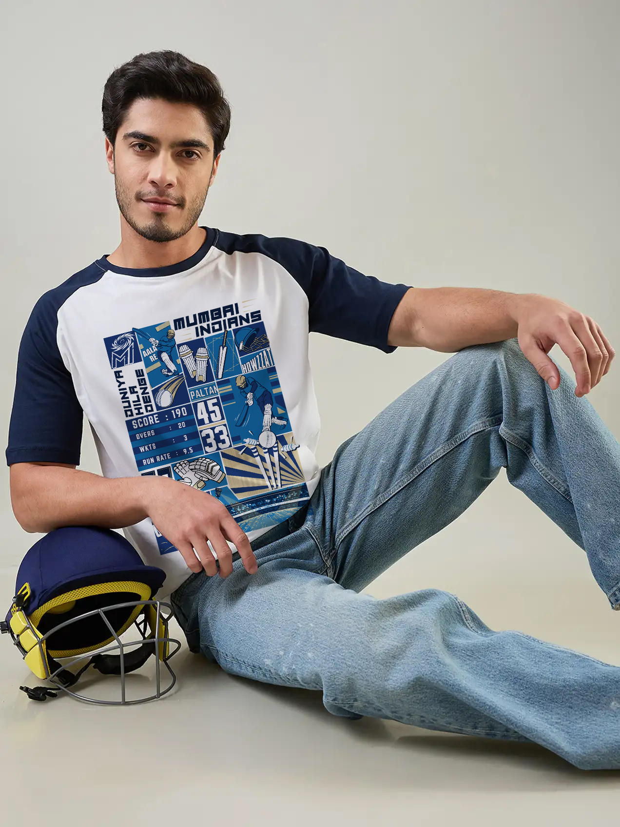 White and Navy Blue Cotton Round Neck T-shirt