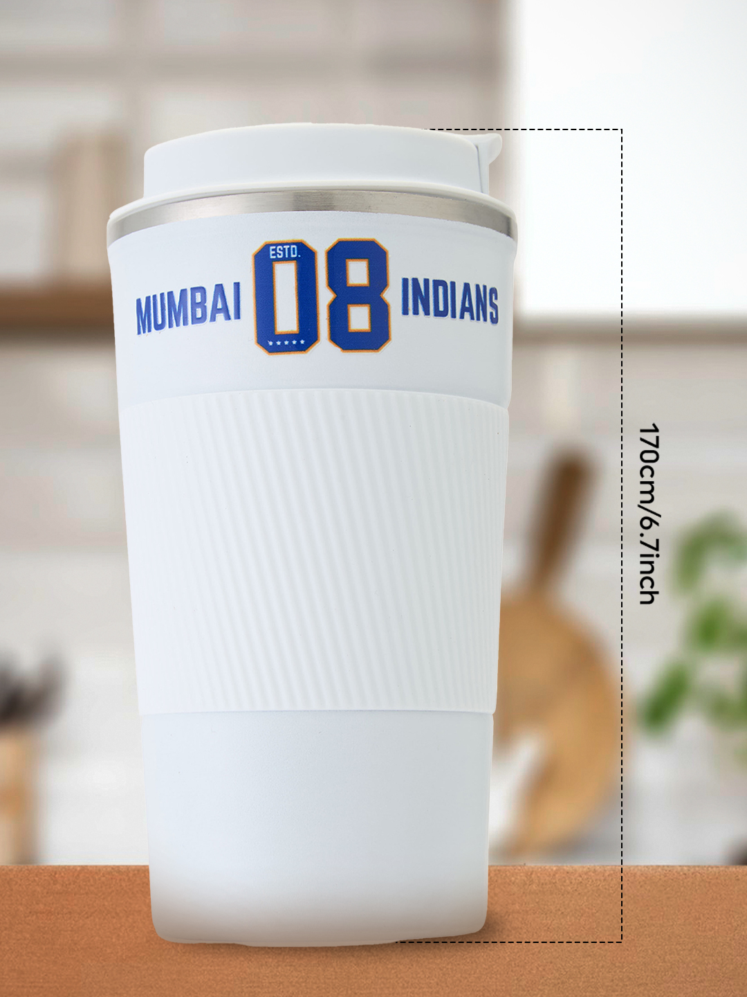 Mumbai Indians Vacuum Insulated Double-Walled with Spill Proof Flip Top Stainless Steel Coffee Tumbler - 400 ML (White) (10)
