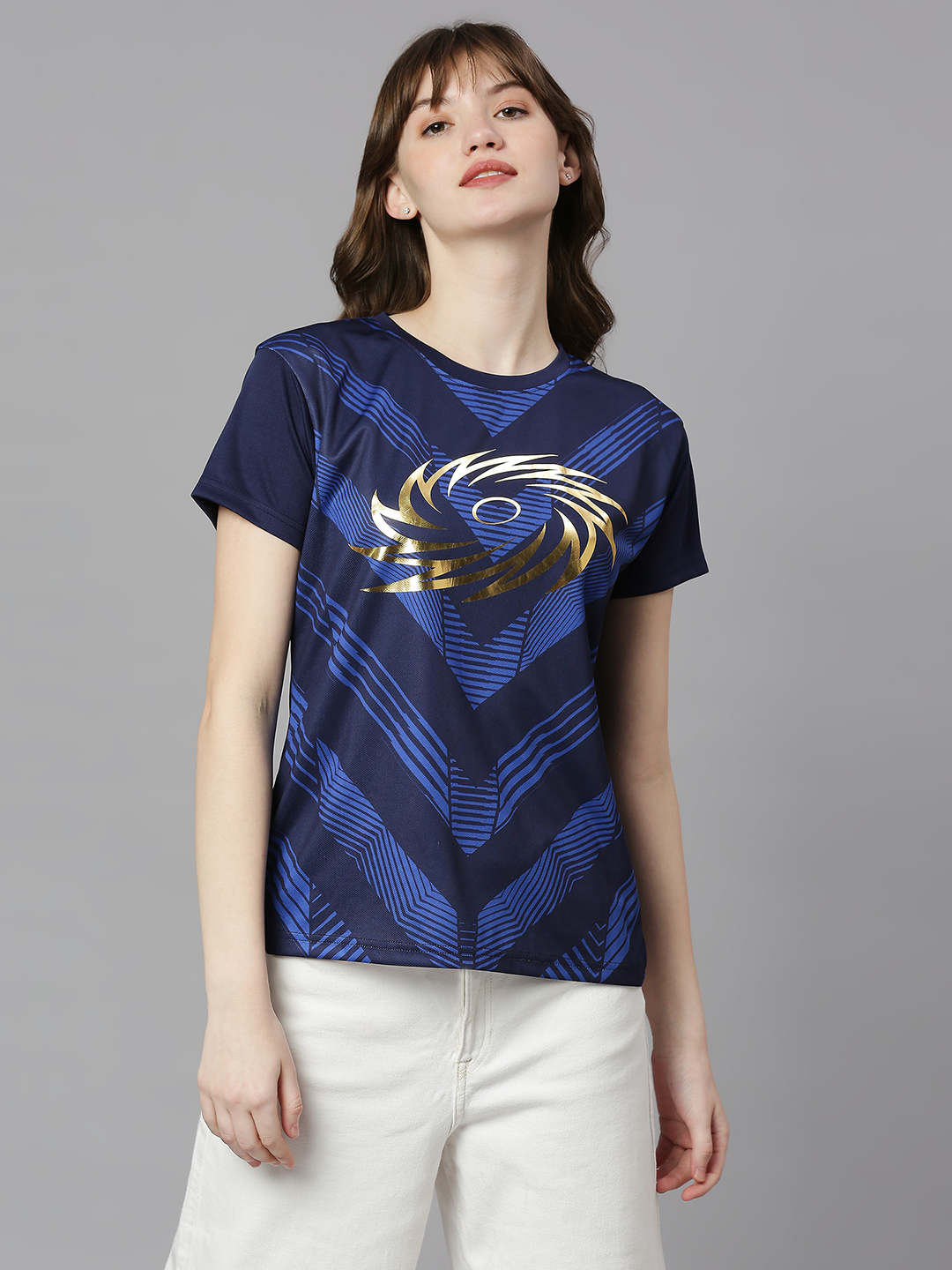 Mumbai Indians Women Navy Blue All Over Print Half Sleeves Round Neck Polyester T-Shirt (1)
