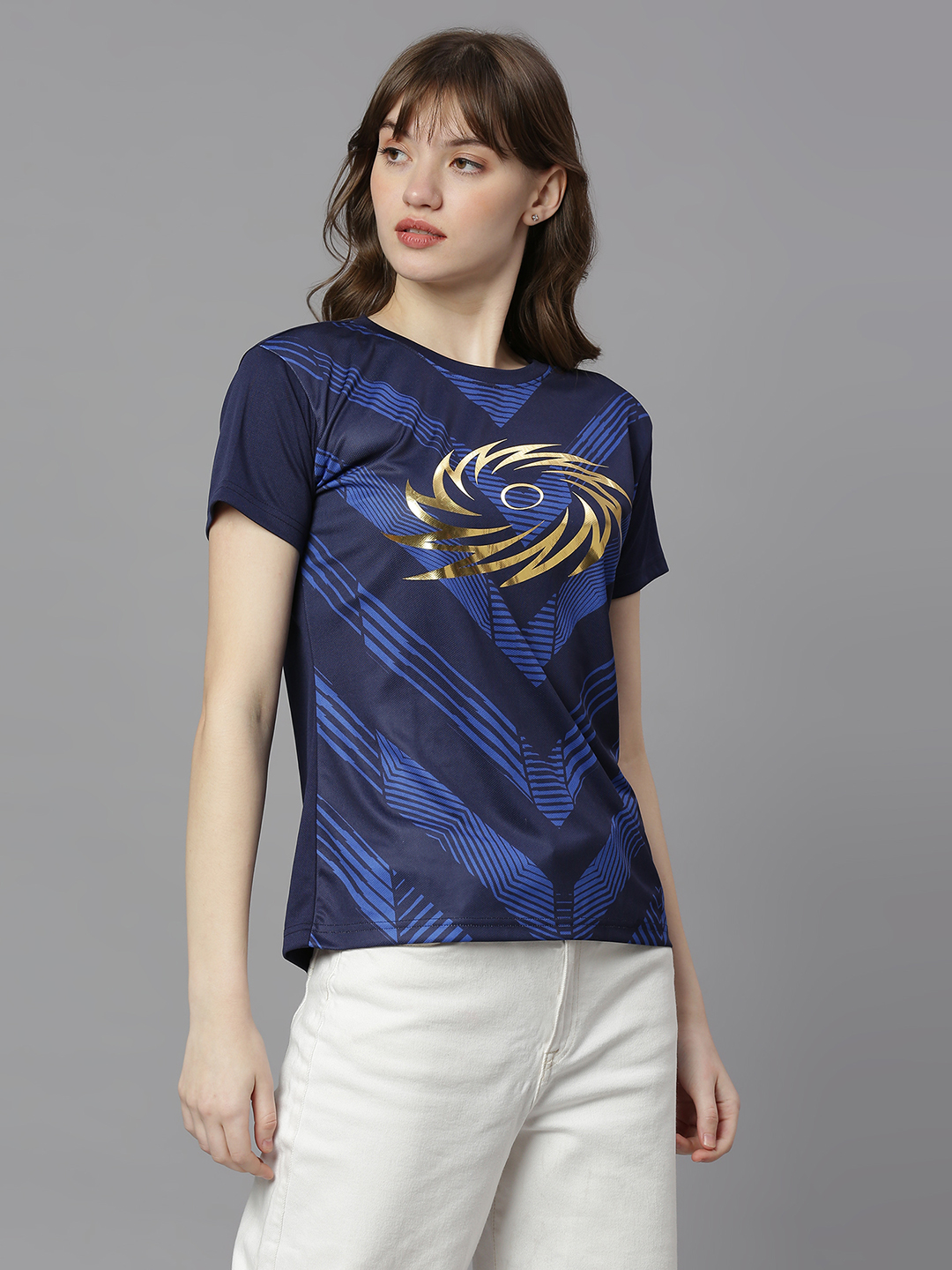 Mumbai Indians Women Navy Blue All Over Print Half Sleeves Round Neck Polyester T-Shirt (3)