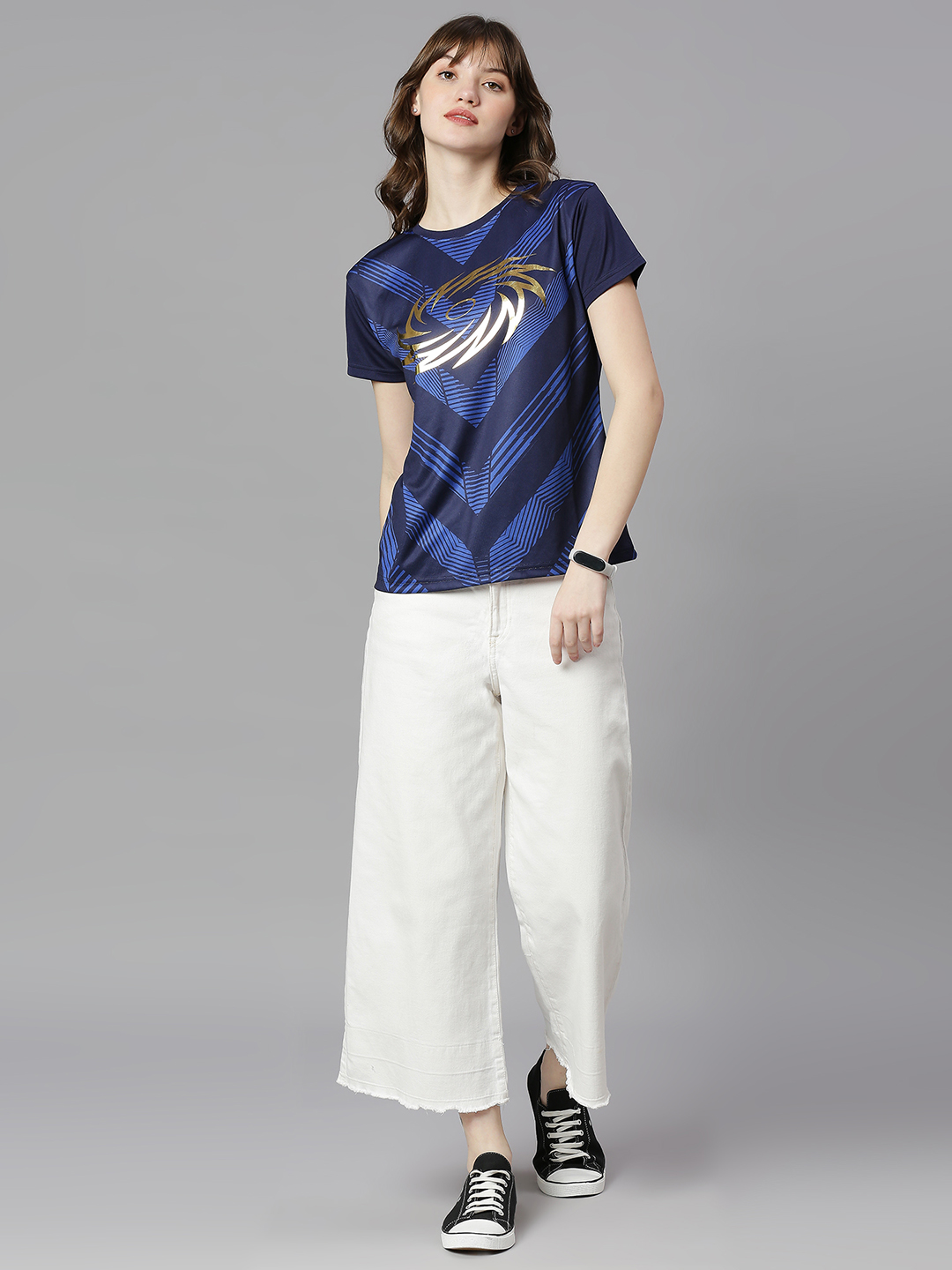Mumbai Indians Women Navy Blue All Over Print Half Sleeves Round Neck Polyester T-Shirt (4)