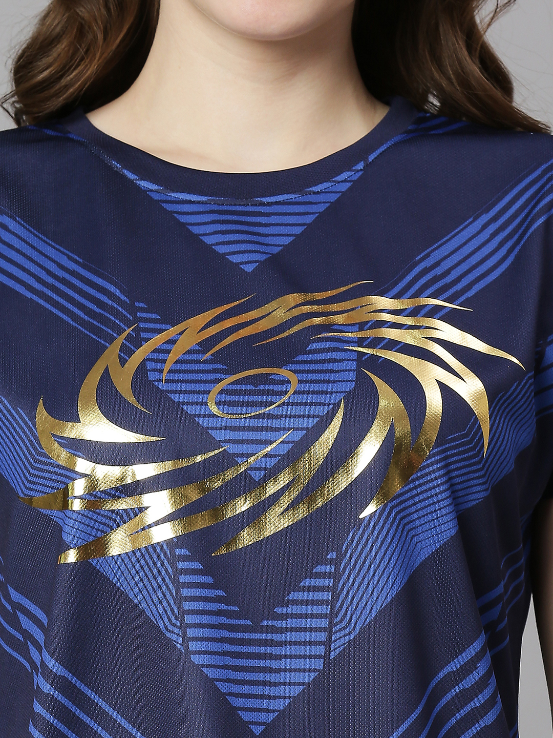 Mumbai Indians Women Navy Blue All Over Print Half Sleeves Round Neck Polyester T-Shirt (5)