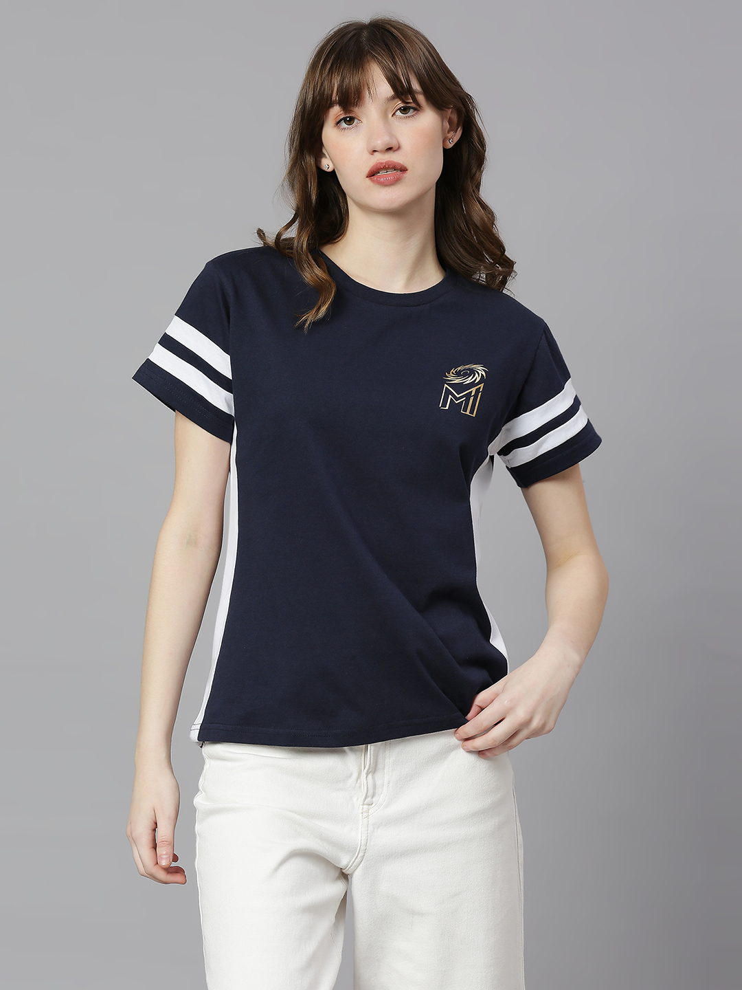 Women Navy Blue Solid Half Sleeves Round Neck Cotton T-Shirt