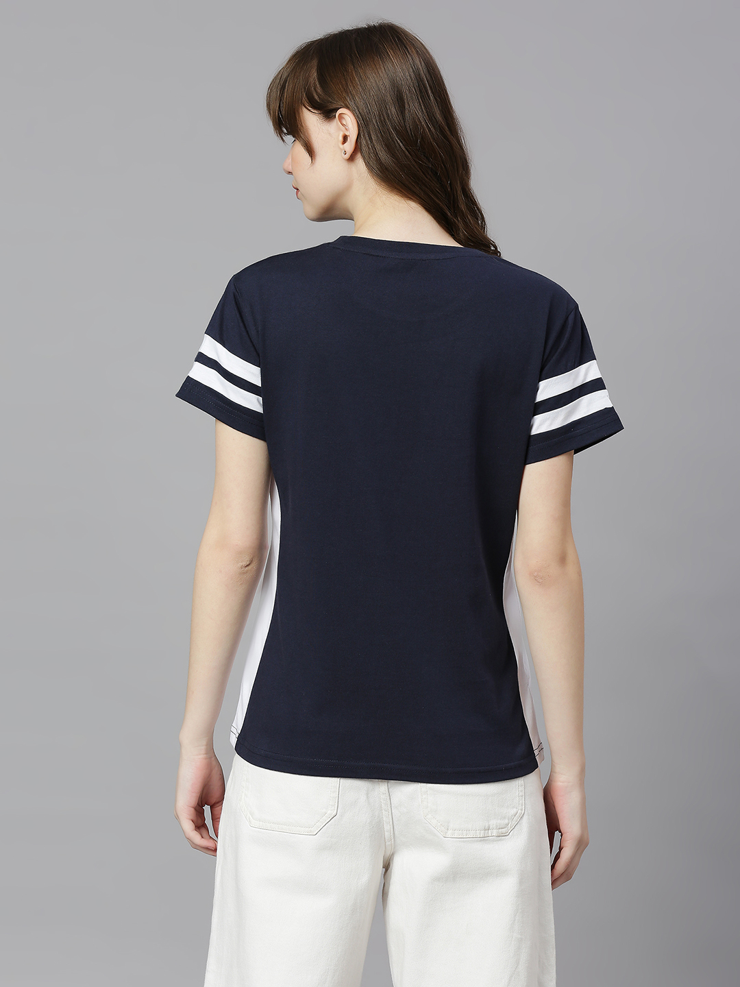 Mumbai Indians Women Navy Blue Solid Half Sleeves Round Neck Cotton T-Shirt (2)