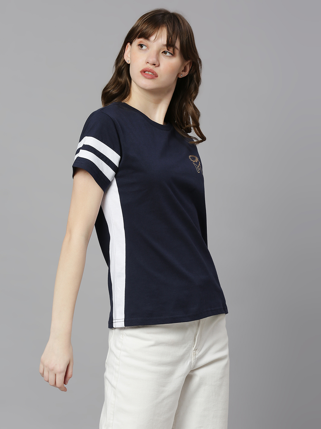 Mumbai Indians Women Navy Blue Solid Half Sleeves Round Neck Cotton T-Shirt (3)