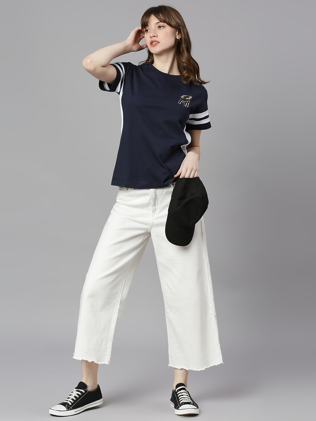 Mumbai Indians Women Navy Blue Solid Half Sleeves Round Neck Cotton T-Shirt (4)