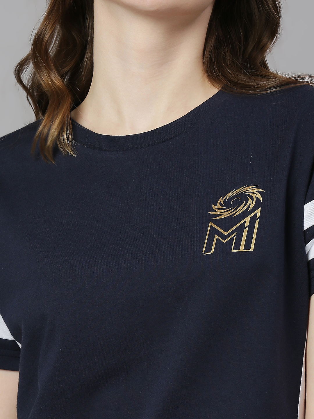 Mumbai Indians Women Navy Blue Solid Half Sleeves Round Neck Cotton T-Shirt (5)