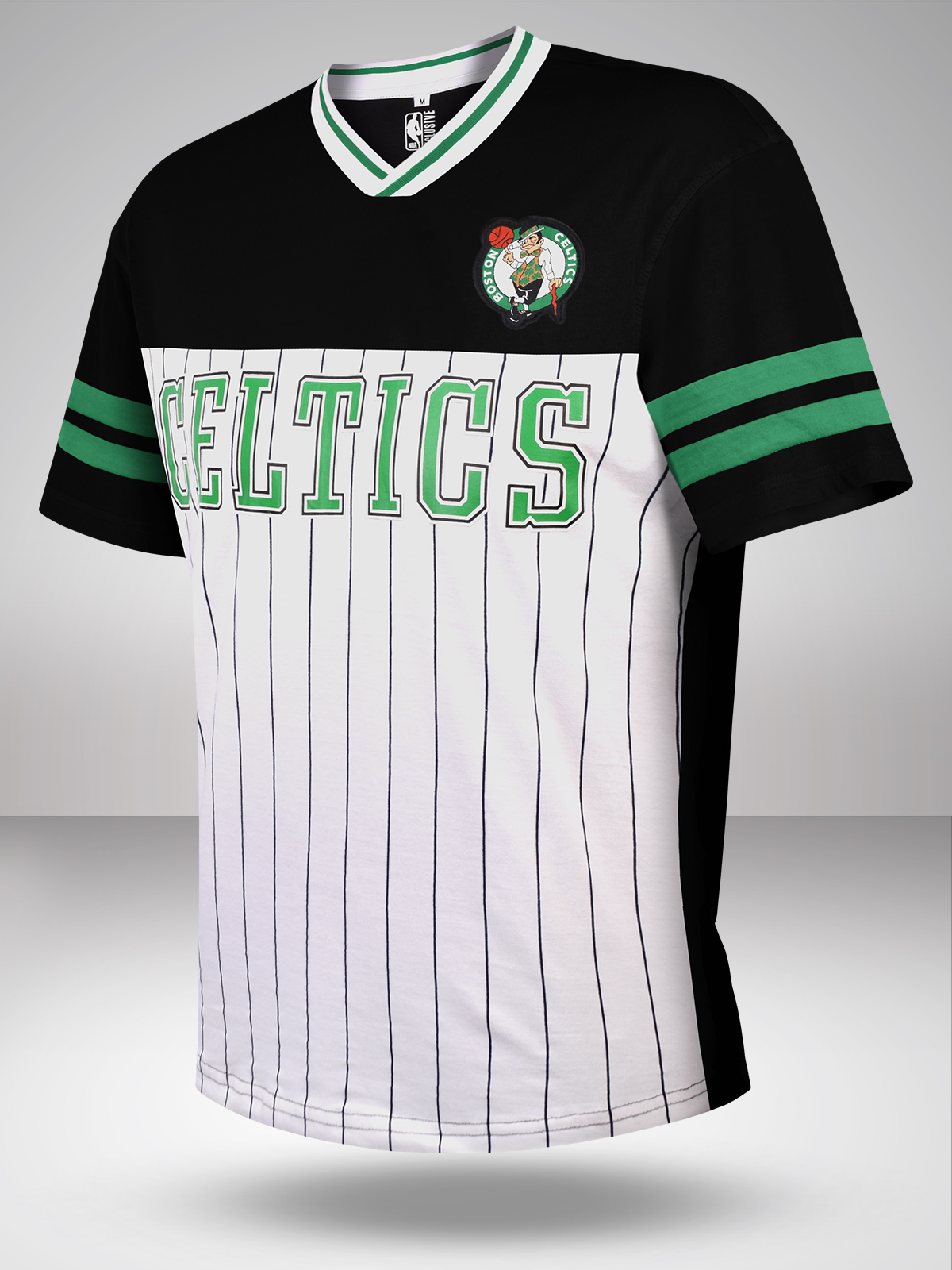 NBA - Boston Celtics Men Black and Green Striped Colourblocked V-Neck Oversized Rugby T-Shirt