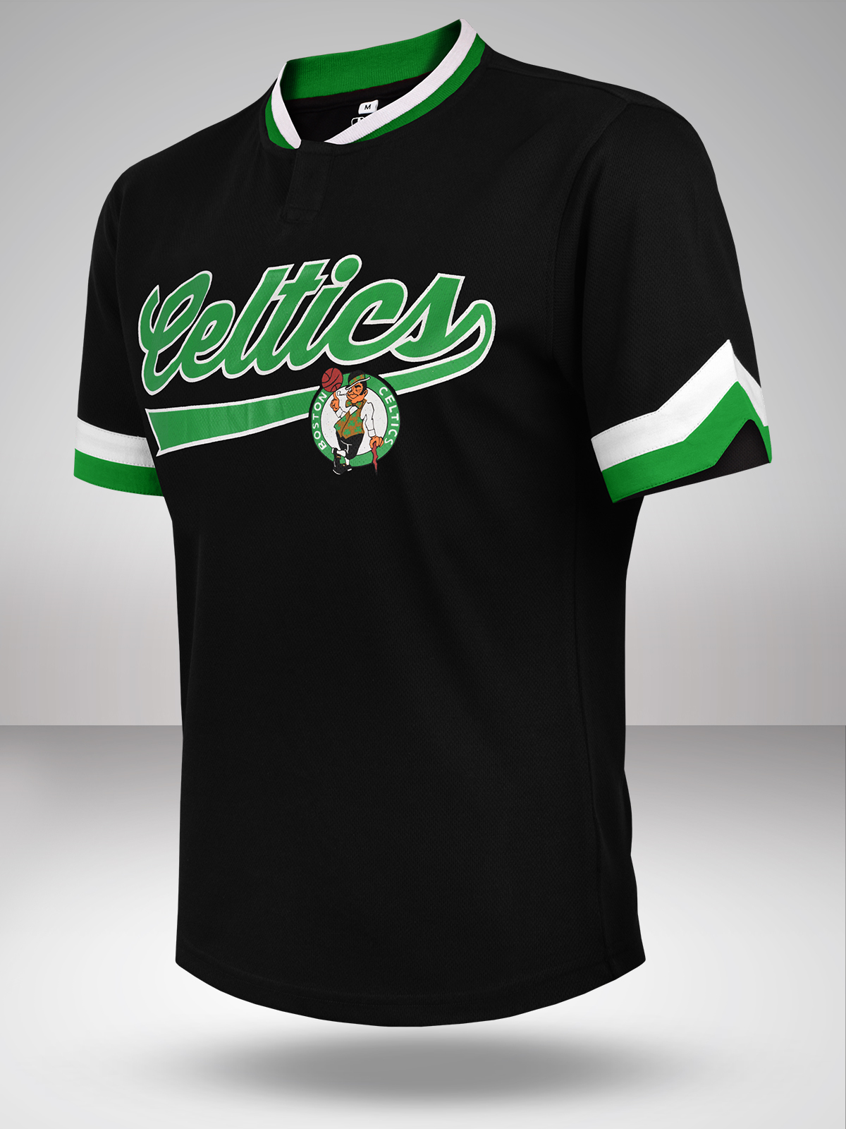 NBA - Boston Celtics Men Black and Green Typography Printed Bomber Henley T-Shirt