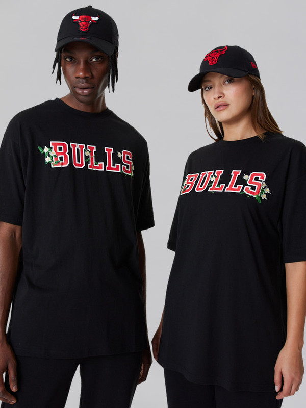 NBA - Chicago Bulls Chicago Bulls NBA Floral Graphic Black Oversized T-Shirt (2)