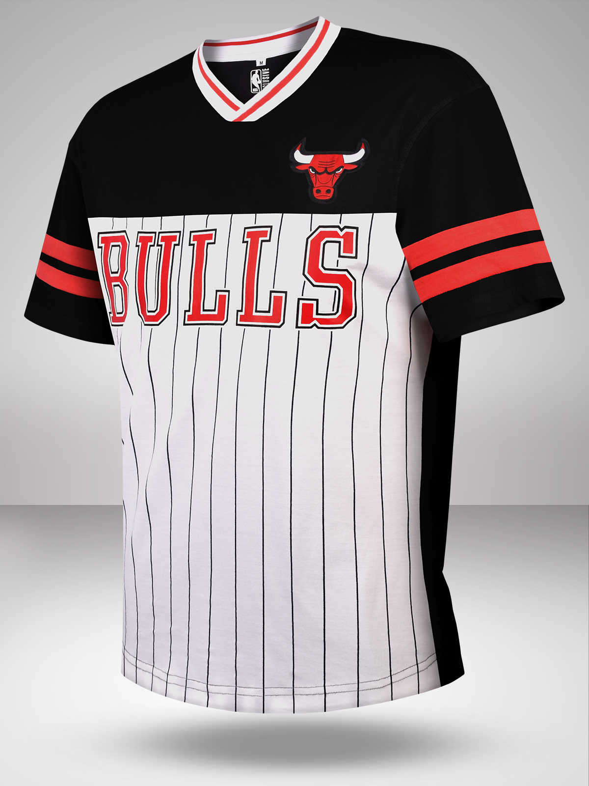NBA - Chicago Bulls Men Black and Red Striped Colourblocked V-Neck Oversized Rugby T-Shirt (1)