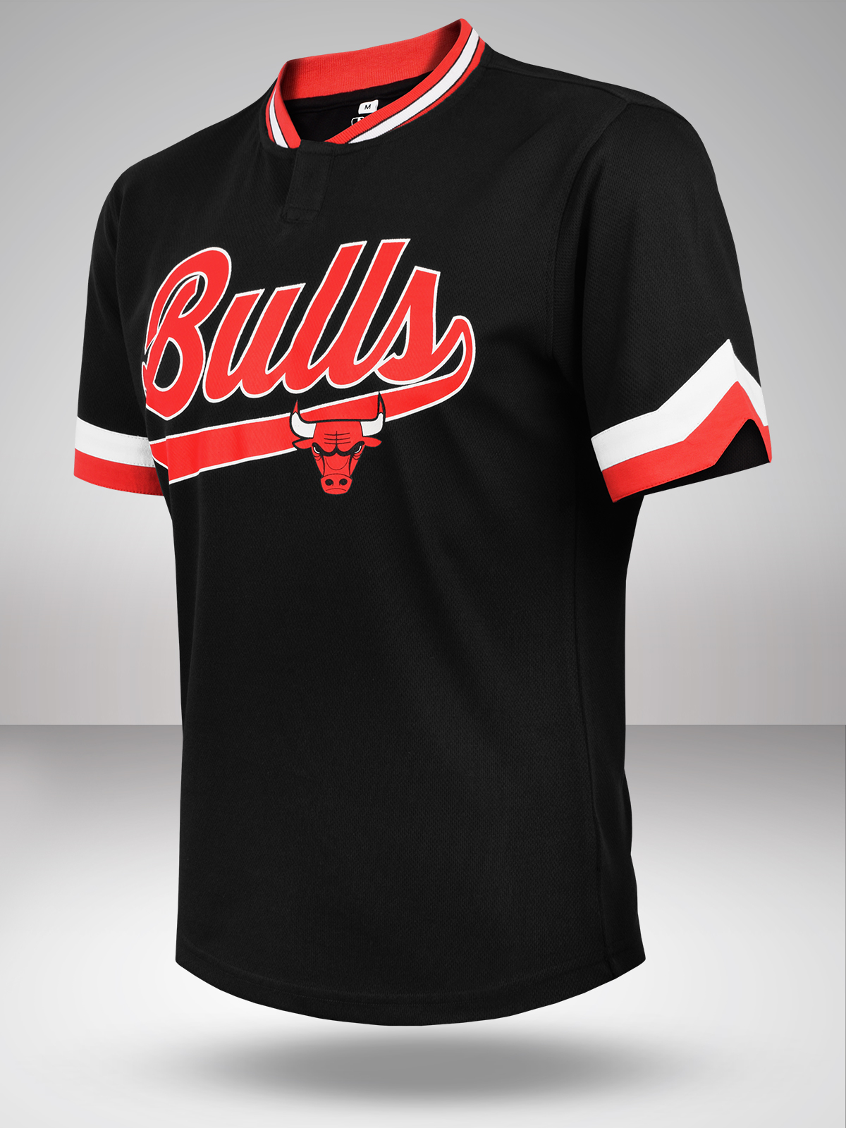 NBA - Chicago Bulls Men Black and Red Typography Printed Bomber Henley T-Shirt