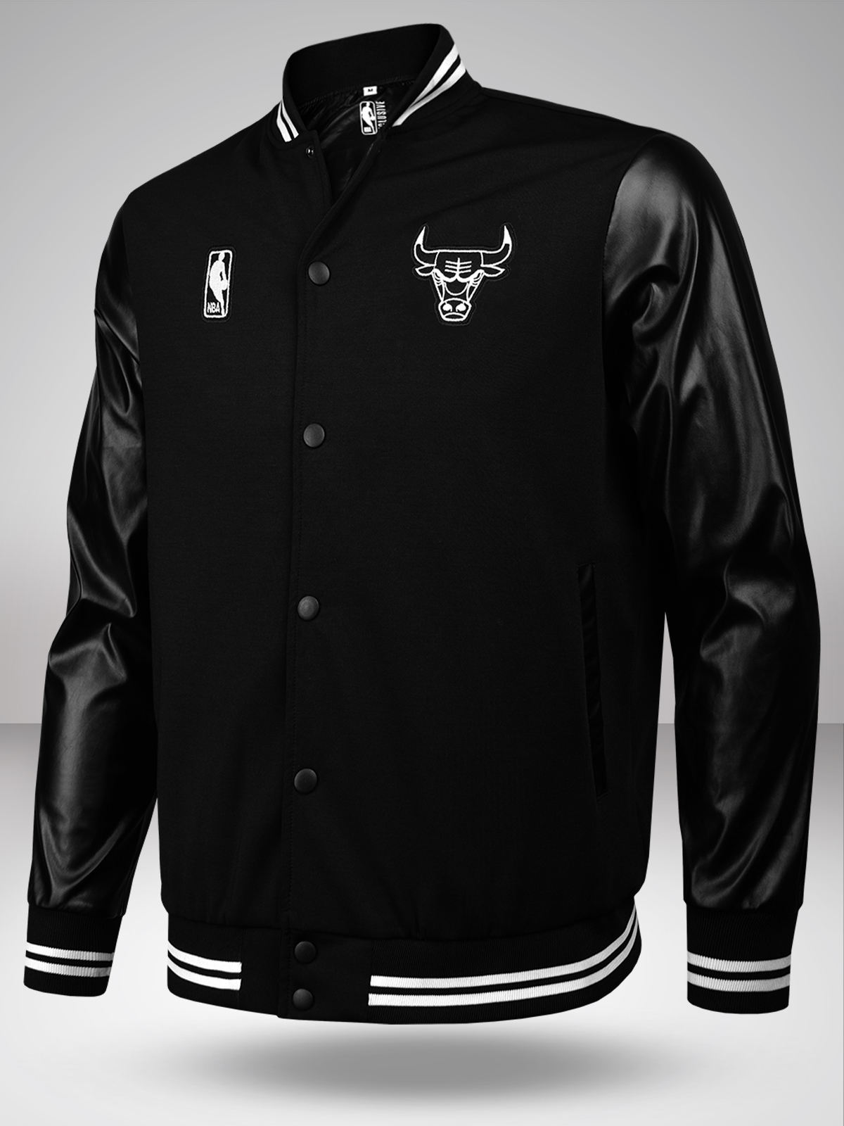 Men Black Printed Stand-Collar Outdoor Varsity Jacket