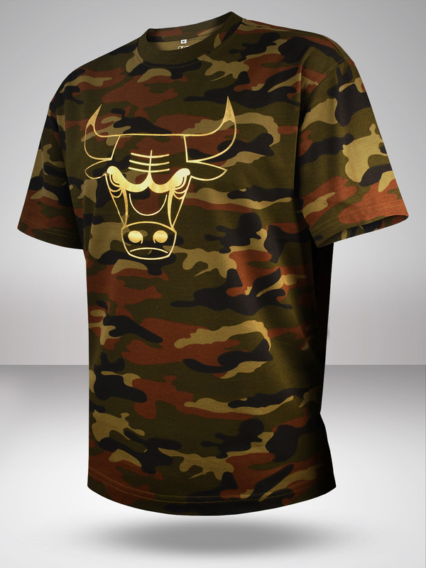 Men Green Printed Short Sleeves Gold Foil Camo Oversized T-Shirts