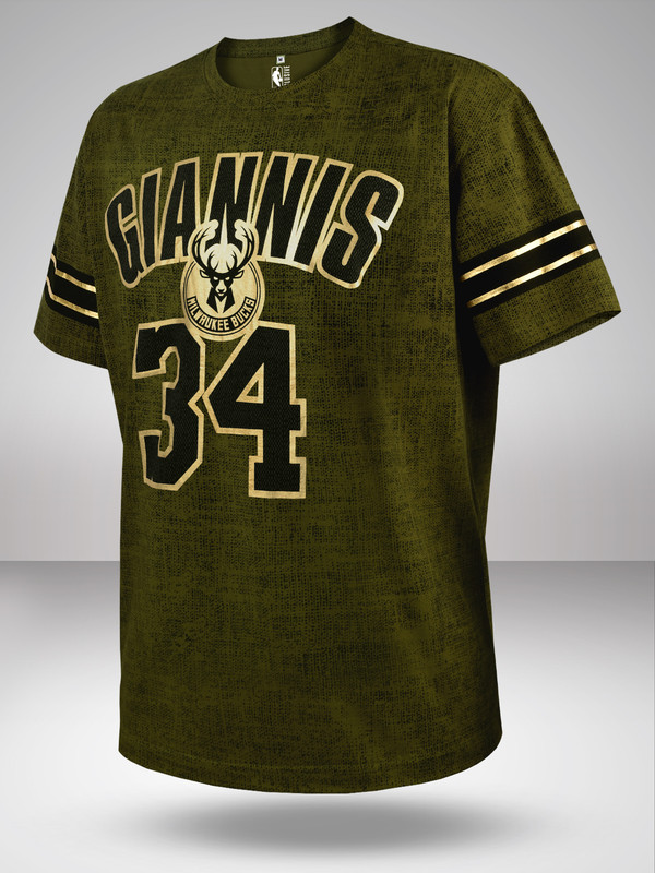 Men Green Printed Short Sleeves Giannis Antetokounmpo Player T-Shirt