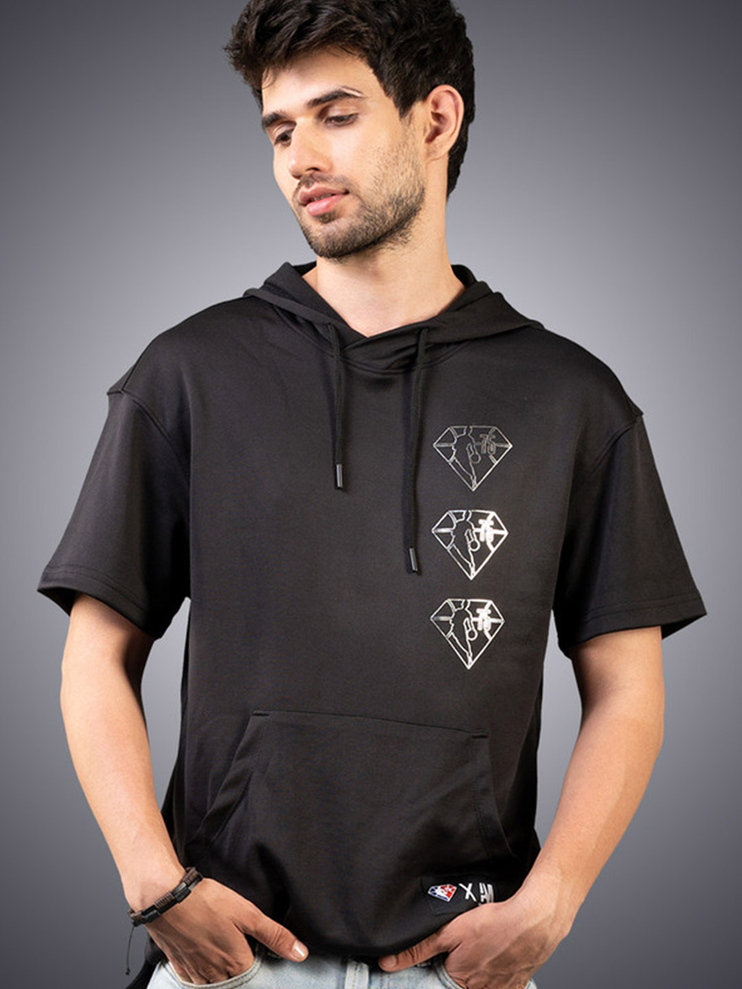 NBA - 75th Year Celebration Men Black Luxe Knit Oversized Hooded T-Shirt  (1)