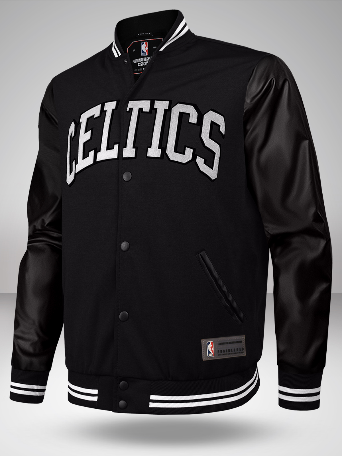 NBA - Boston Celtics Men Black Printed Full Sleeves Stand-Collar Outdoor Polyester Letterman Jacket