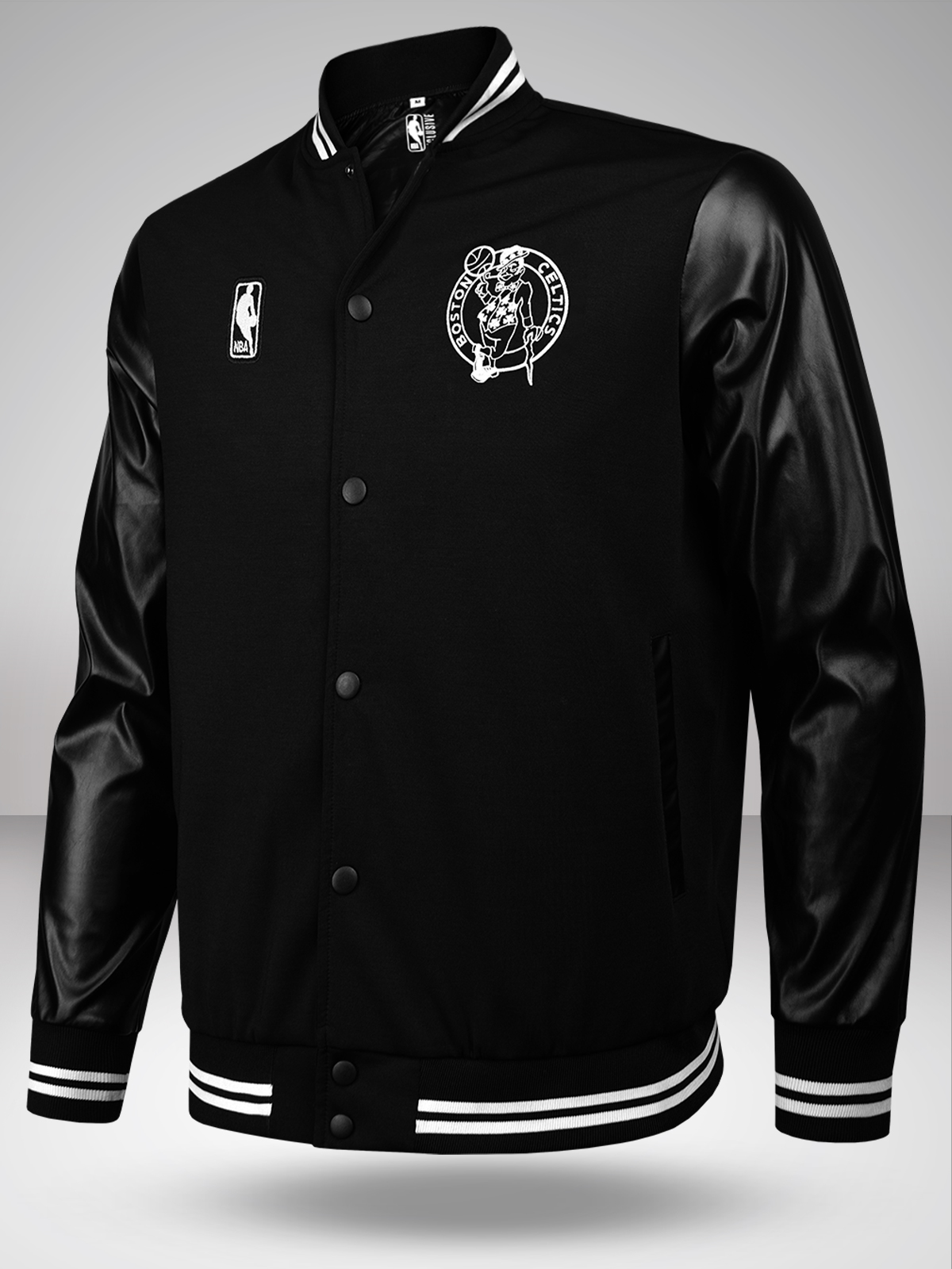 Men Black Printed Long Sleeves PU Varsity Jacket