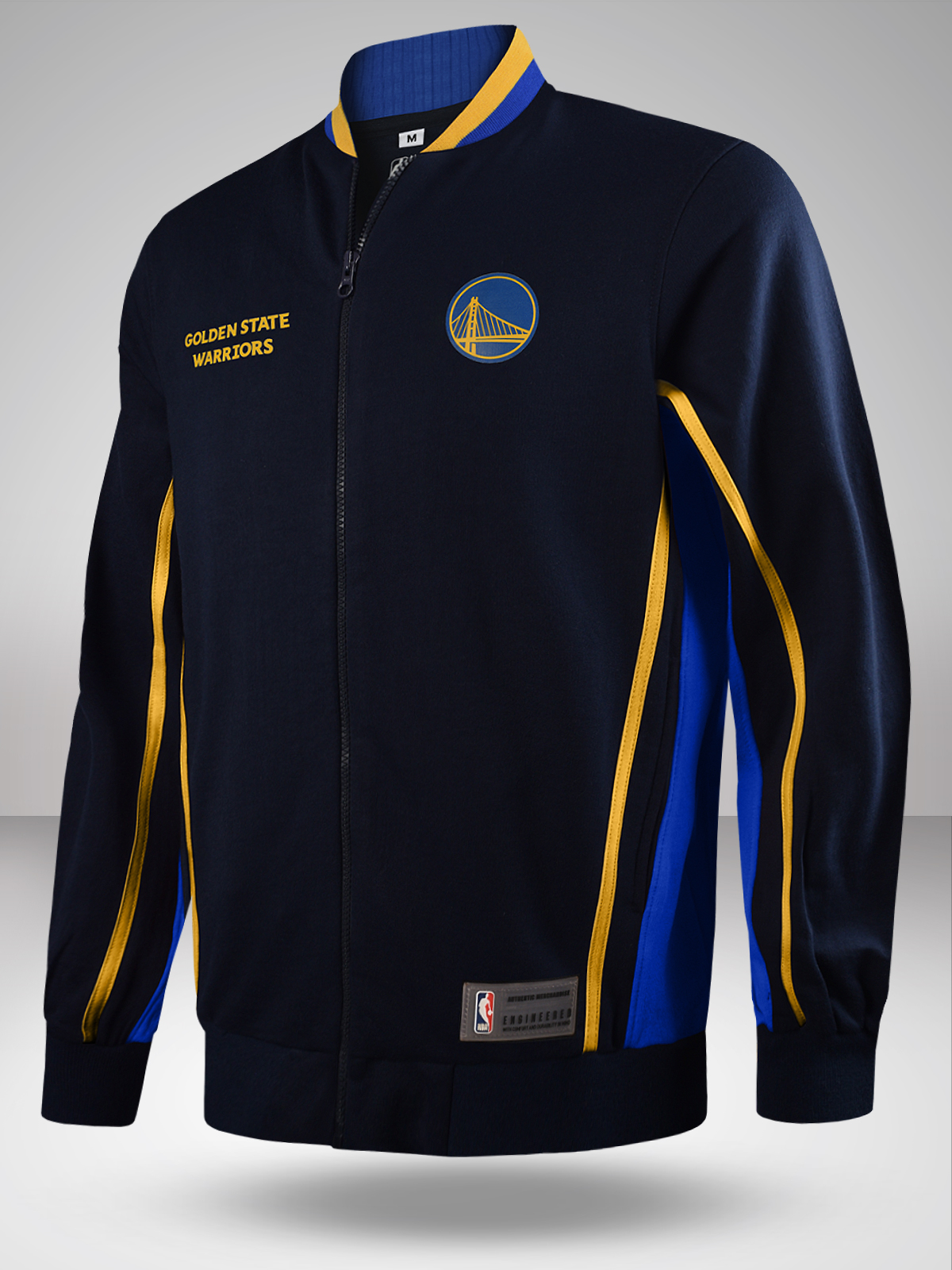 Men Navy Blue Printed Full Sleeves Stand-Collar Outdoor Polyester Bomber Jacket