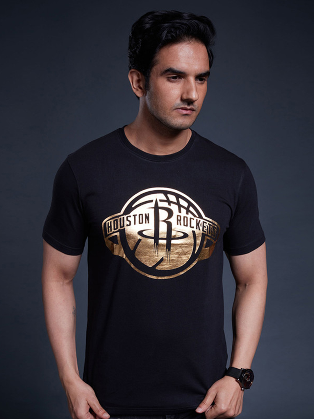 NBA - Houston Rockets Men Black Gold Foil Printed Round Neck T-Shirt  (1)
