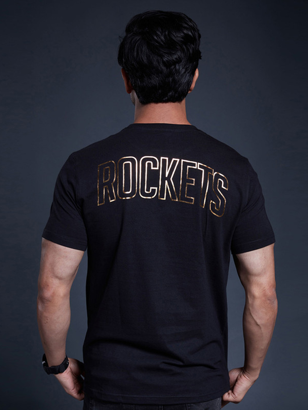 NBA - Houston Rockets Men Black Gold Foil Printed Round Neck T-Shirt  (2)