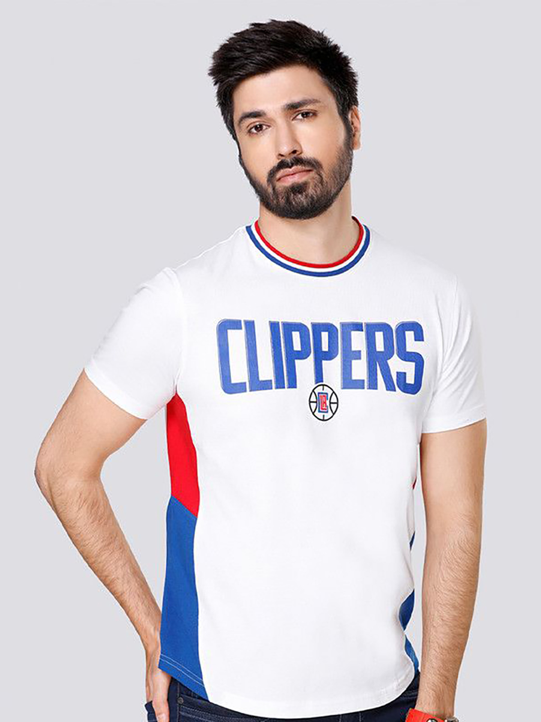 NBA - Los Angeles Clippers Men White Blue Printed Round Neck T-Shirt 