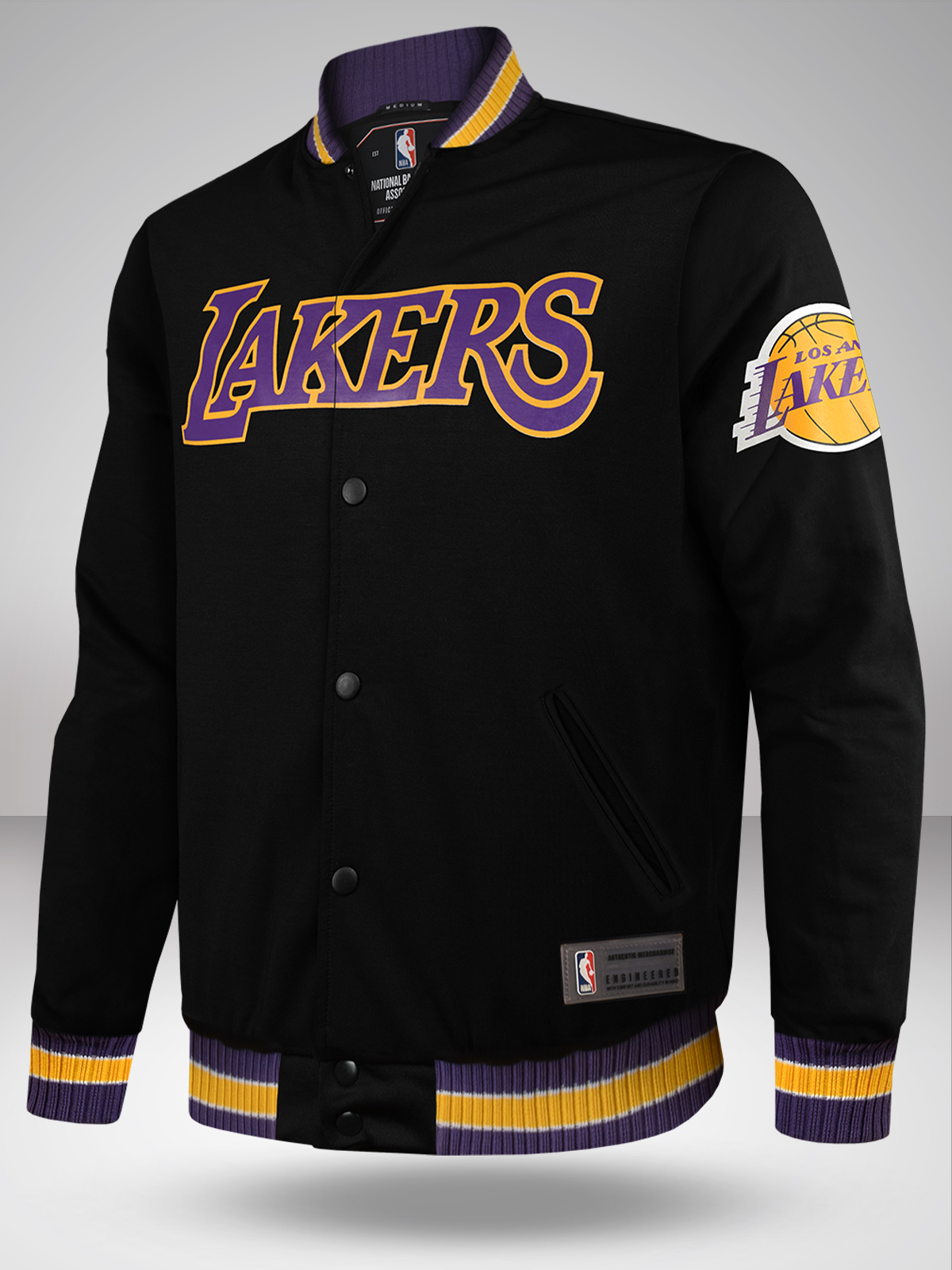 NBA - Los Angeles Lakers Men Black Logo Printed Full Sleeves Stand-Collar Polyester Letterman Jacket
