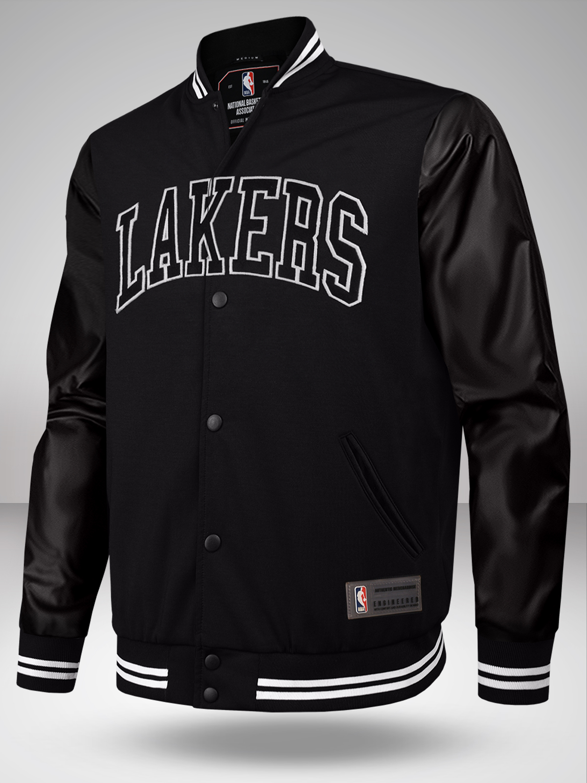 NBA - Los Angeles Lakers Men Black Typography Printed Full Sleeves Stand-Collar Polyester Letterman Jacket