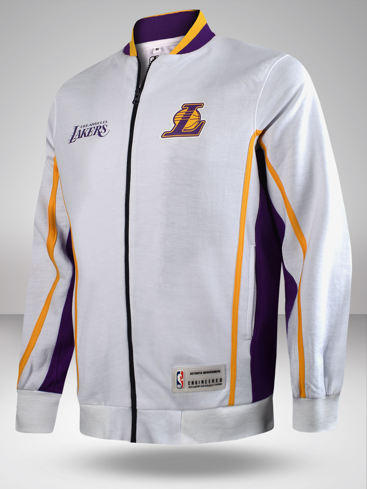 NBA - Los Angeles Lakers Men White Logo Printed Full Sleeves Stand-Collar Outdoor Polyester Bomber Jacket