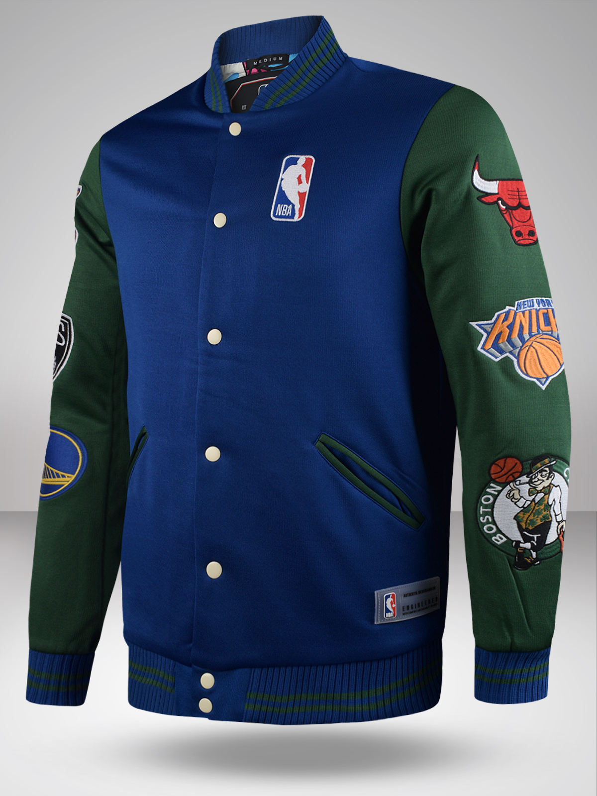 NBA Men Blue and Green Teams Logo Printed Full Sleeves Stand-Collar Polyester Varsity Jacket