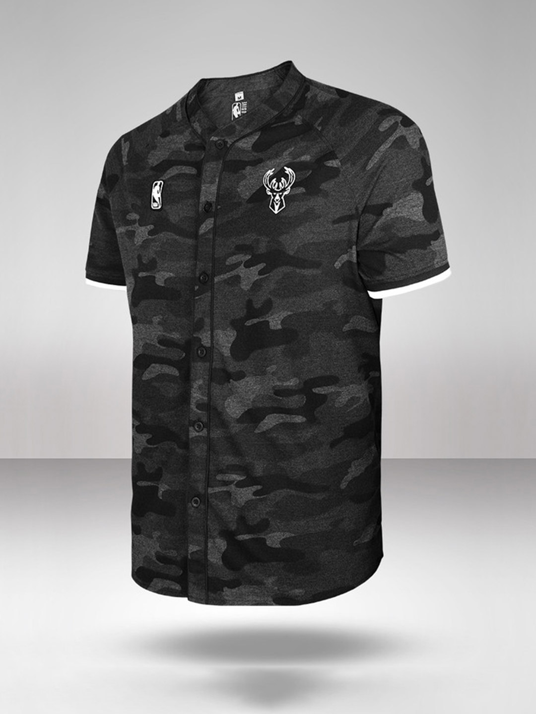 NBA - Milwaukee Bucks Men Anthra Melange Camo Printed Baseball Shirt  (1)