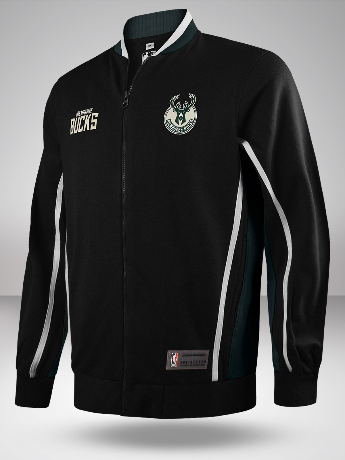 NBA - Milwaukee Bucks Men Black Logo Printed Full Sleeves Stand-Collar Outdoor Polyester Bomber Jacket