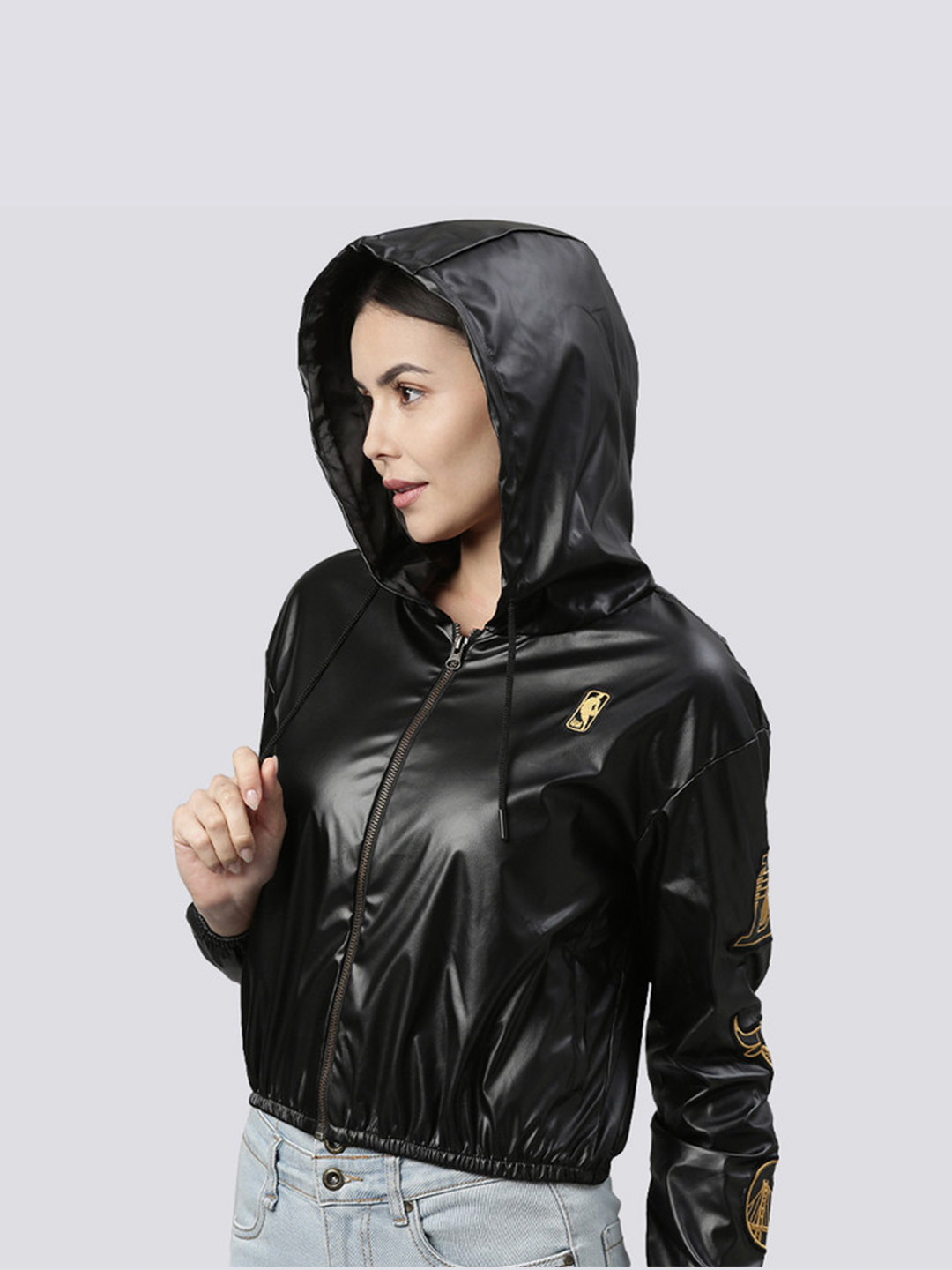 NBA NBA: Faux Leather Cropped Hoodie - Black (1)