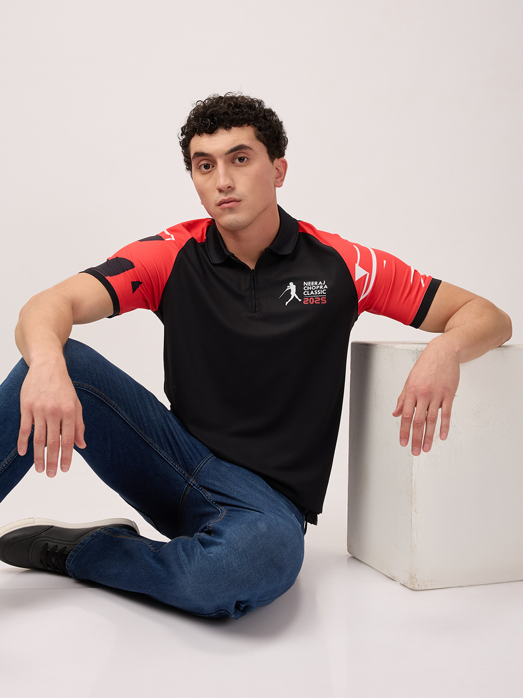 Neeraj Chopra Classic Men Black and Red Graphic Printed Raglan Sleeves Polo Collar T-Shirt