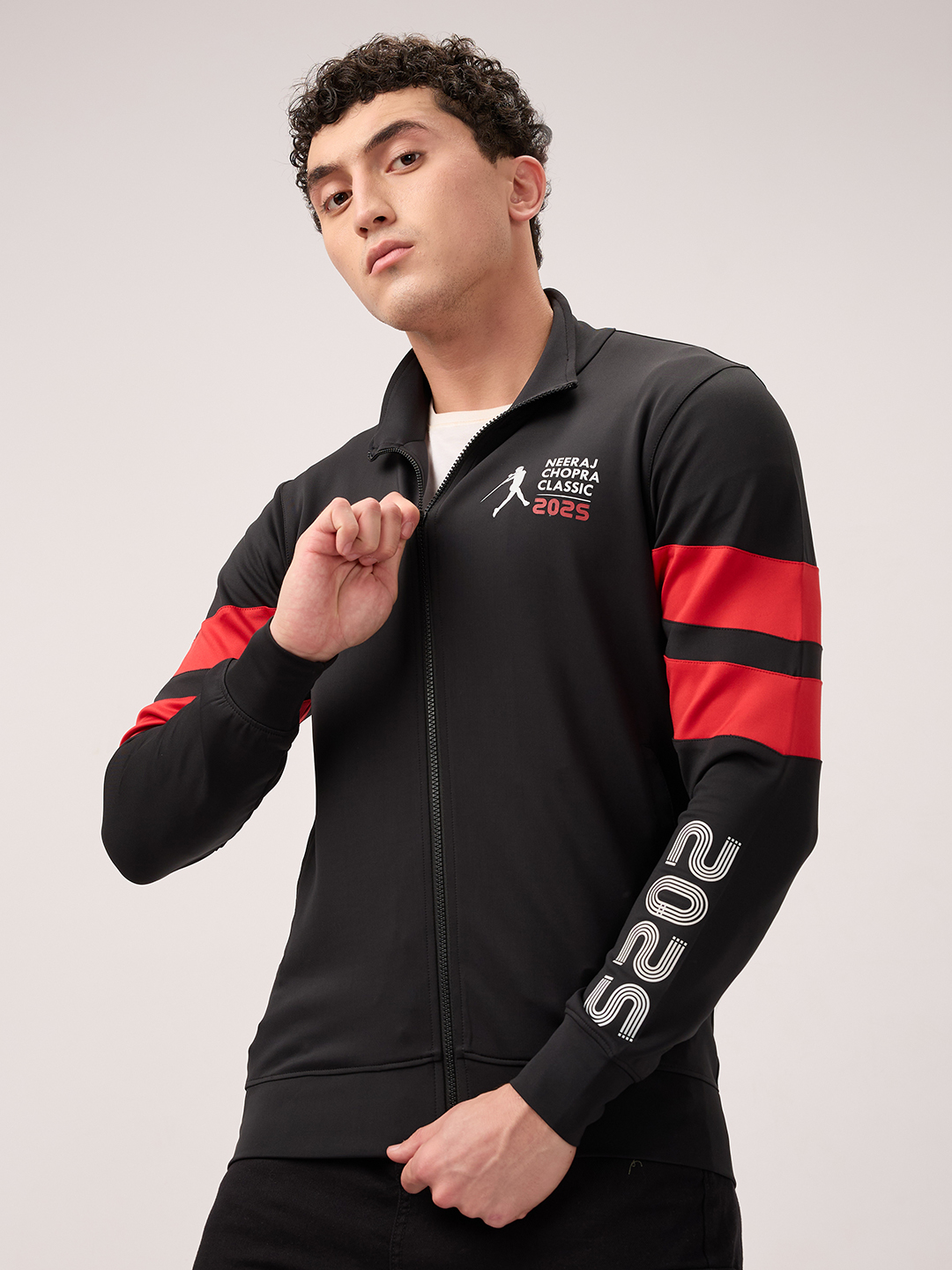 Neeraj Chopra Classic Men Black Logo Printed Long-Sleeves Performance Zip-Up Jacket