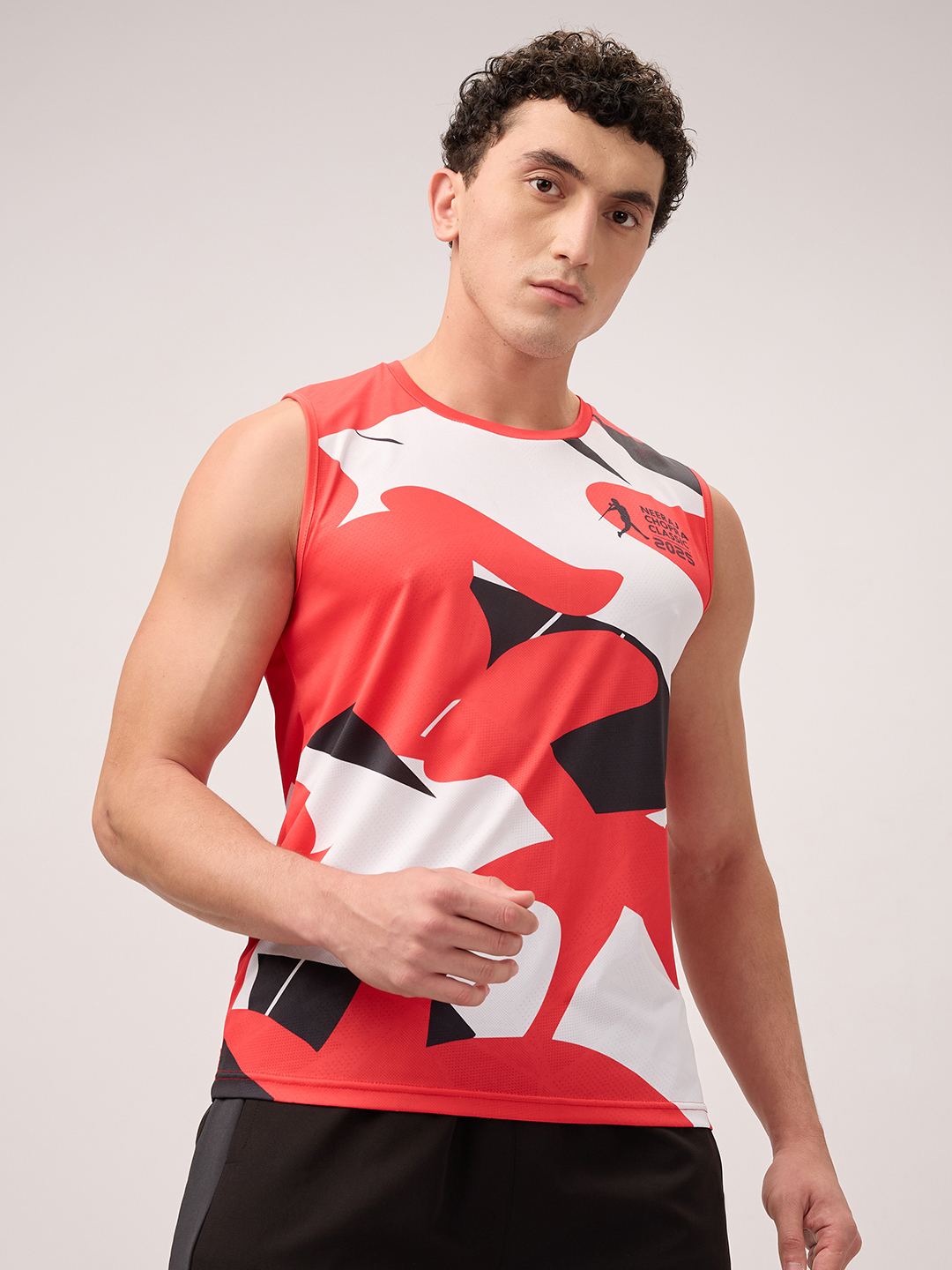 Neeraj Chopra Classic Men Red and White Abstract Printed Sleeveless Training Vest