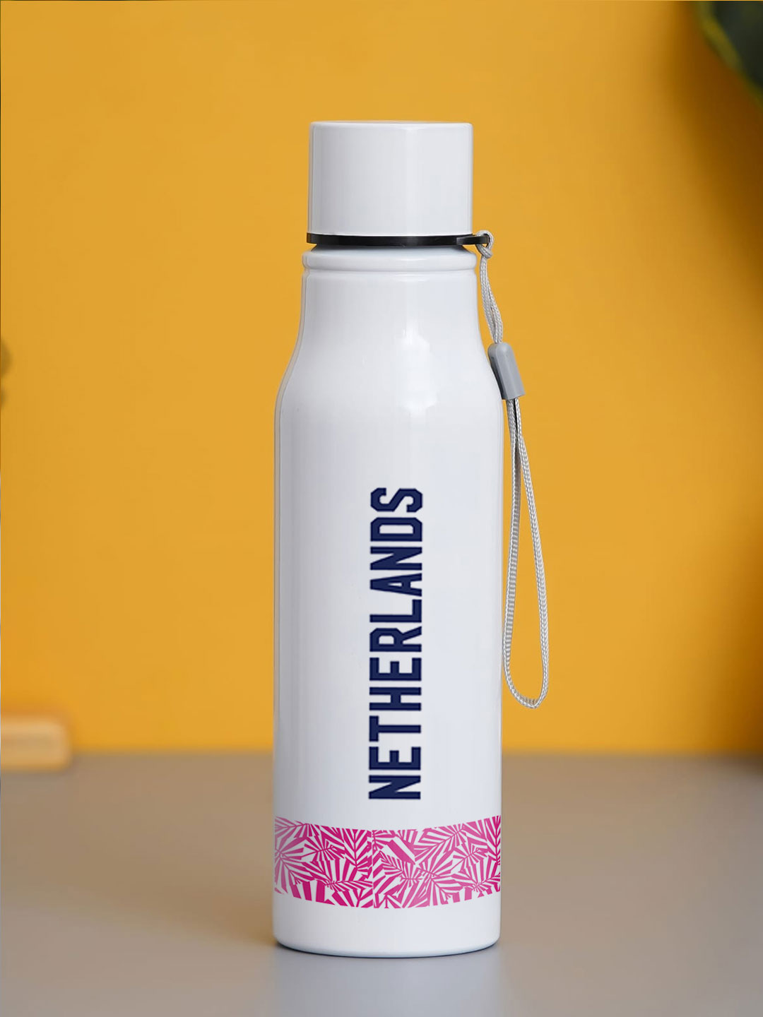 Netherlands ICC Men's T20 WC-24 Team Netherlands White and Pink Printed Stainless Steel Water Bottle - 750 ML (Pack of 1 (1)