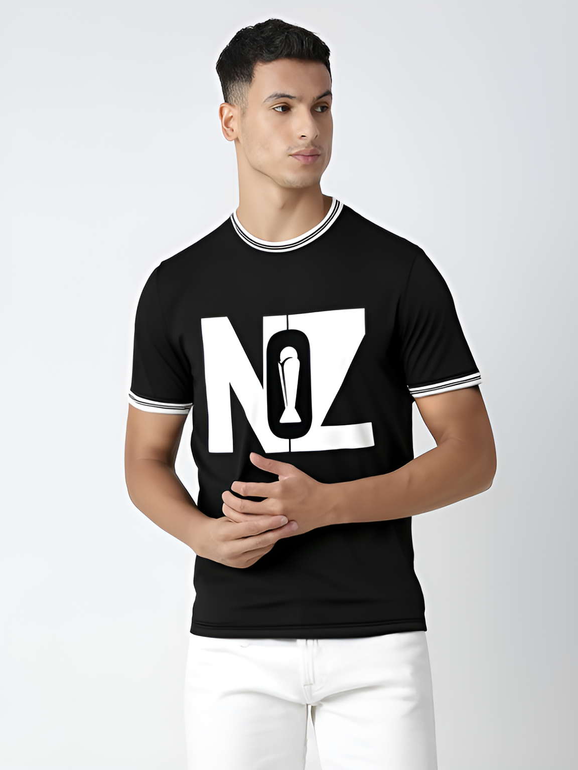 New Zealand ICC Champions Trophy 2025 Men Black and White Graphic Printed Half Sleeves Round Neck Cotton T-Shirt