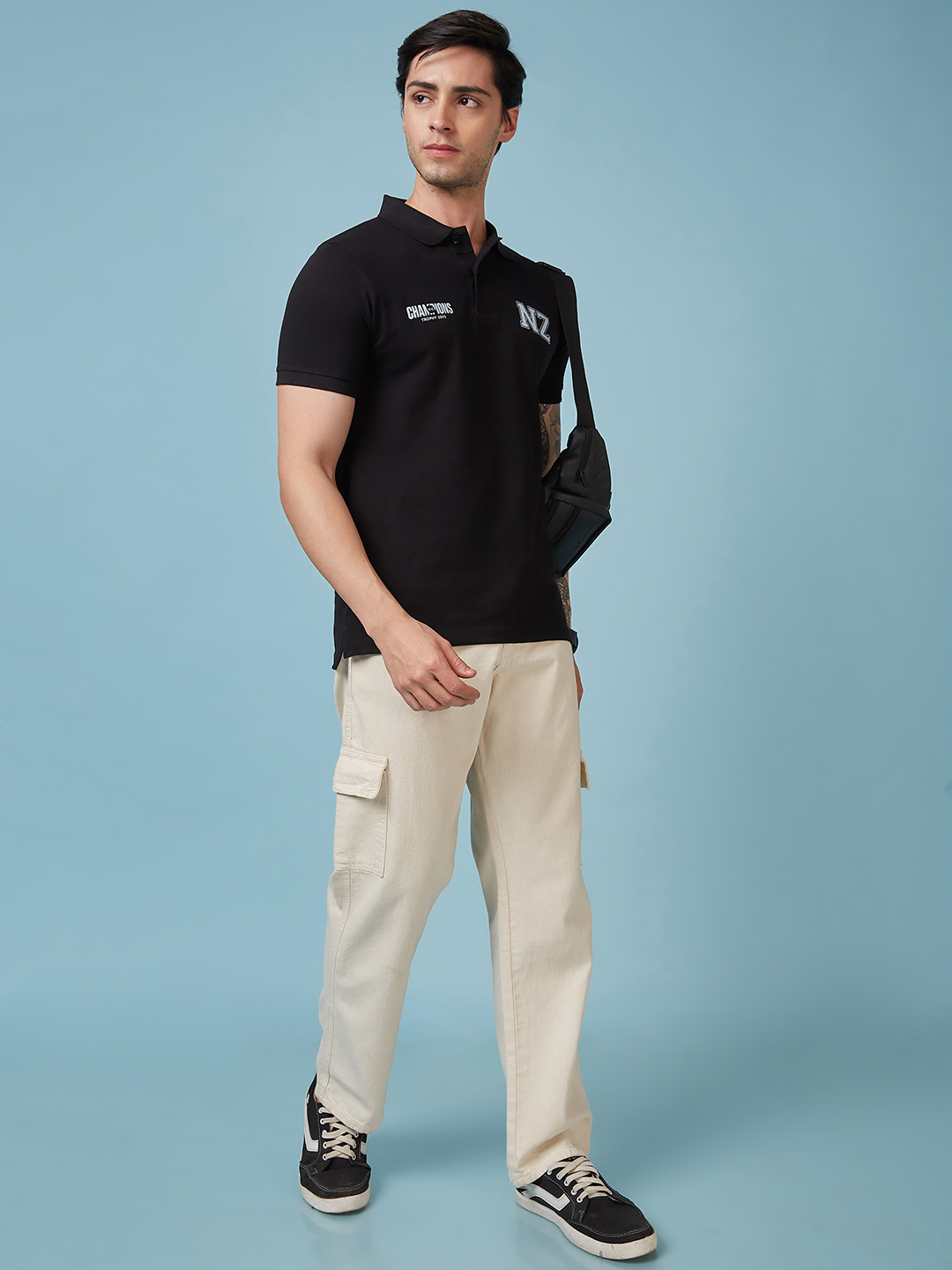 New Zealand ICC Champions Trophy 2025 Men Black and White Logo Printed Half Sleeves Polo Collar Cotton T-Shirt (6)