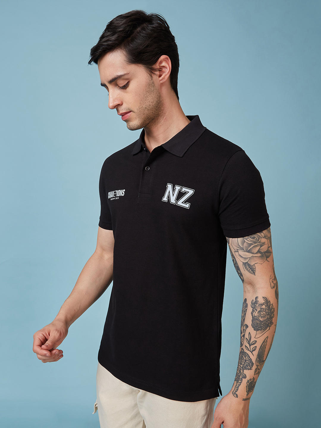 New Zealand ICC Champions Trophy 2025 Men Black and White Logo Printed Half Sleeves Polo Collar Cotton T-Shirt (2)