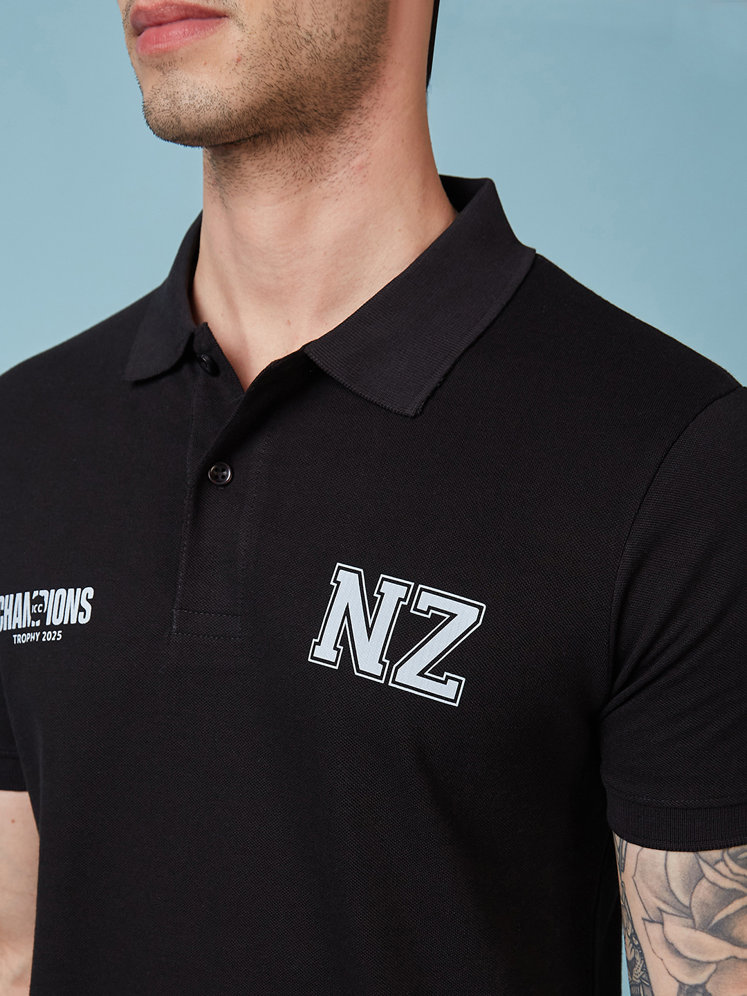 New Zealand ICC Champions Trophy 2025 Men Black and White Logo Printed Half Sleeves Polo Collar Cotton T-Shirt (4)