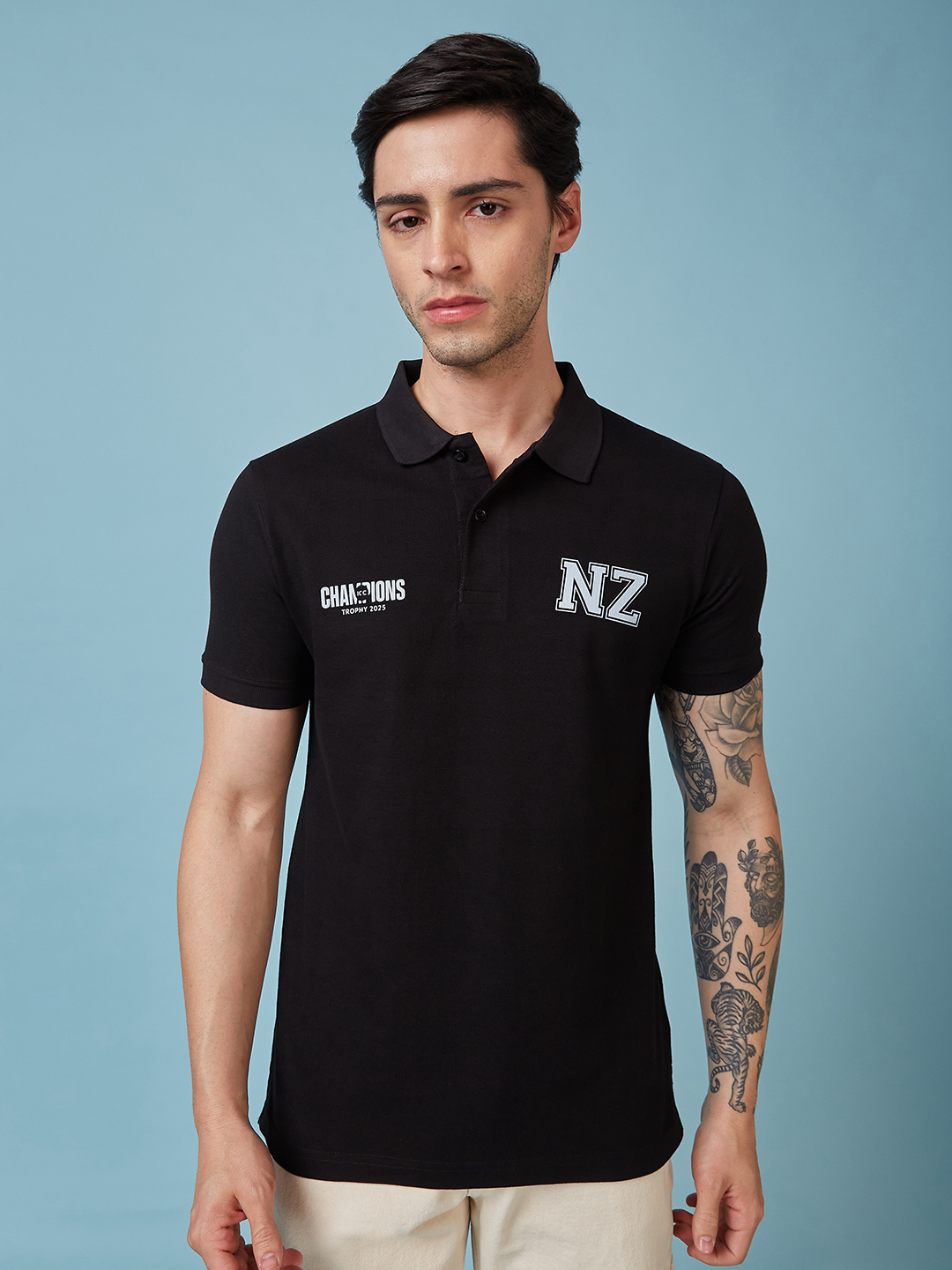 New Zealand ICC Champions Trophy 2025 Men Black and White Logo Printed Half Sleeves Polo Collar Cotton T-Shirt