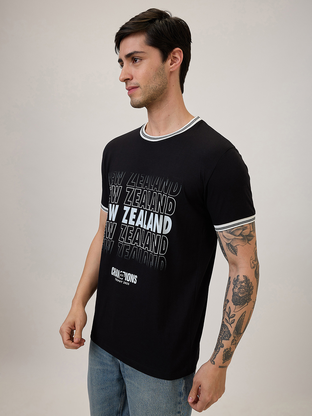 New Zealand ICC Champions Trophy 2025 Men Black and White Printed Typography Half Sleeves Round Neck Cotton T-Shirt (3)