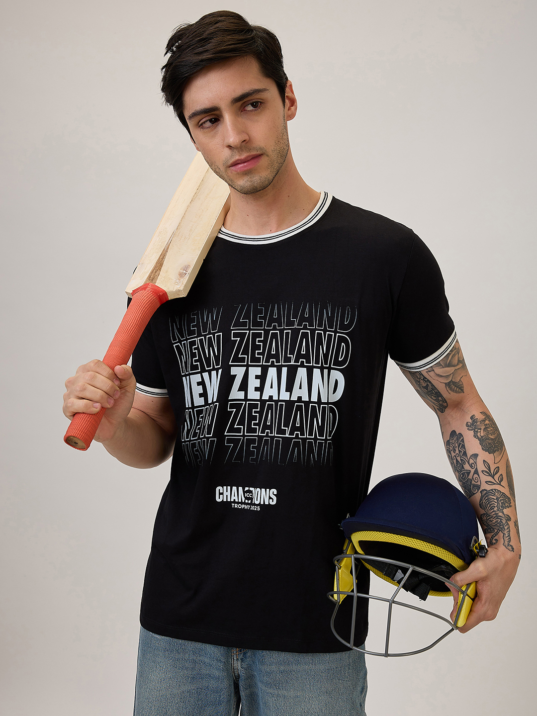 New Zealand ICC Champions Trophy 2025 Men Black and White Printed Typography Half Sleeves Round Neck Cotton T-Shirt