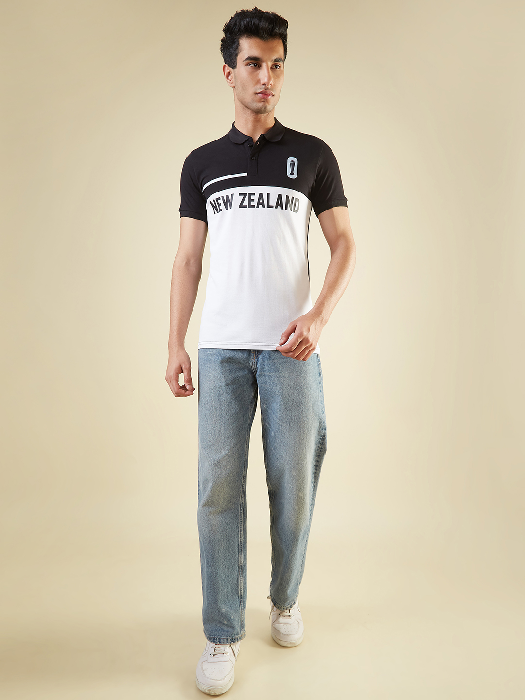New Zealand ICC Champions Trophy 2025 Men White and Black Printed Colorblocked Half Sleeves Polo Collar Cotton T-Shirt (4)