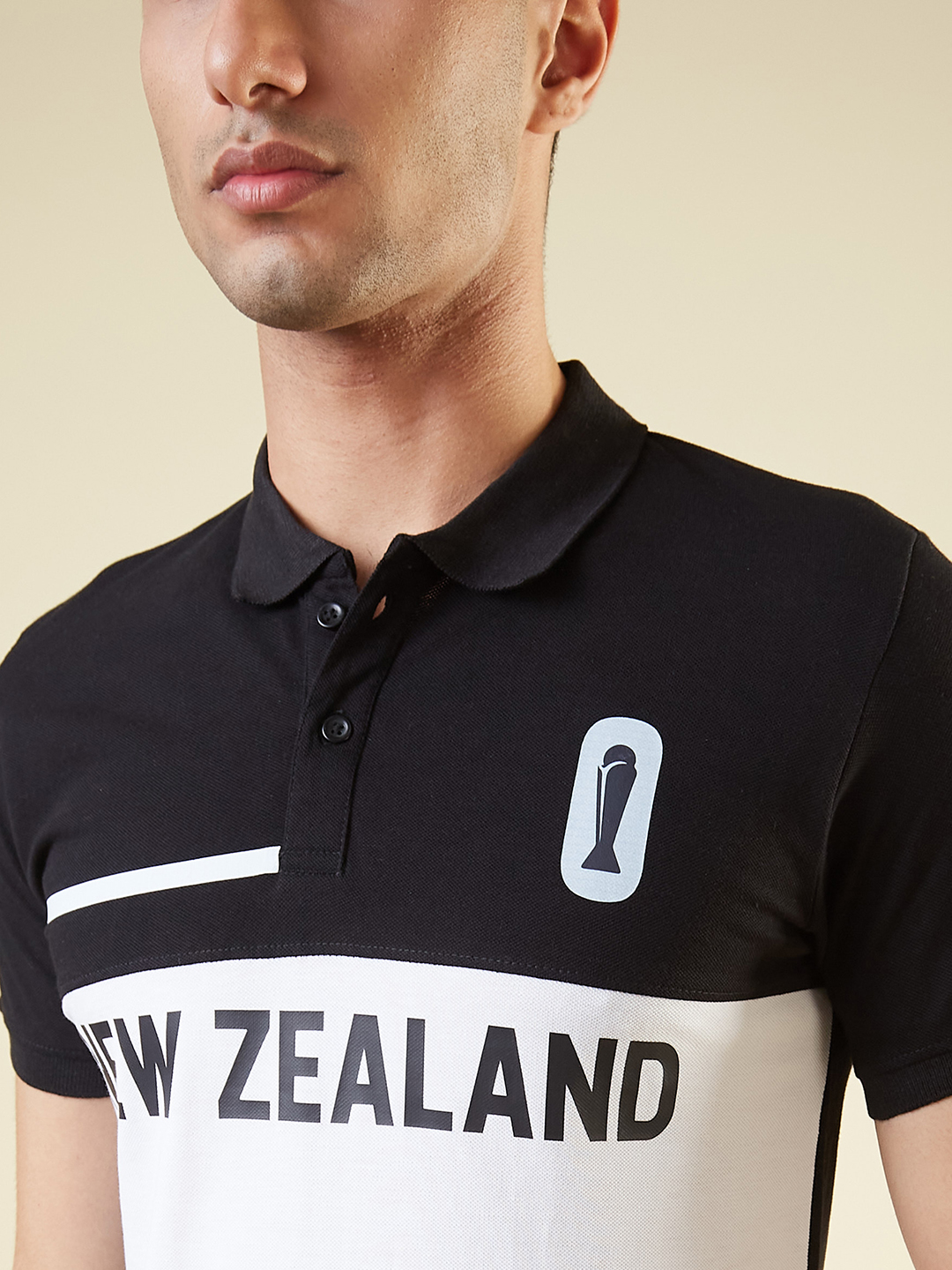 New Zealand ICC Champions Trophy 2025 Men White and Black Printed Colorblocked Half Sleeves Polo Collar Cotton T-Shirt (2)