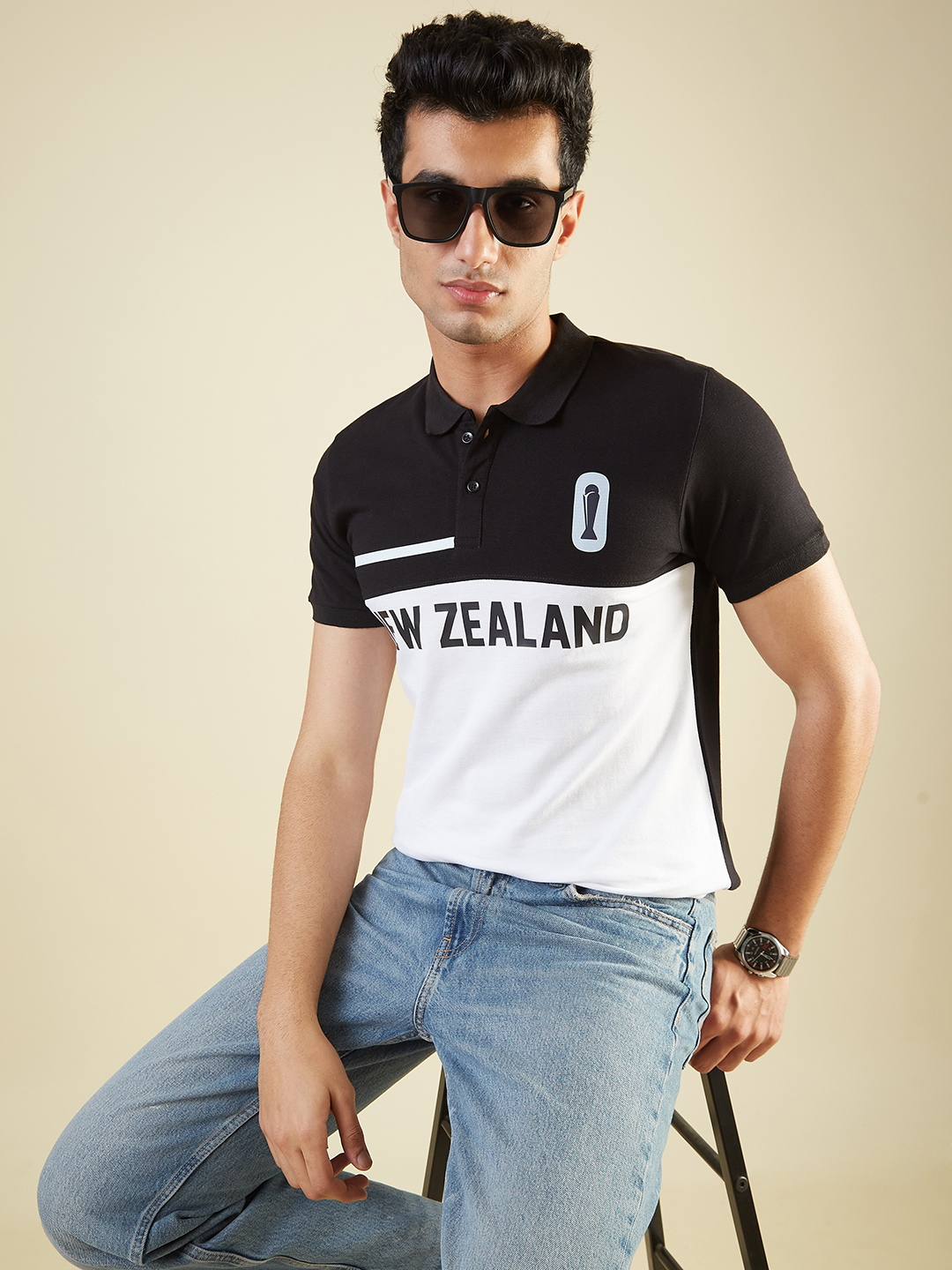 New Zealand ICC Champions Trophy 2025 Men White and Black Printed Colorblocked Half Sleeves Polo Collar Cotton T-Shirt