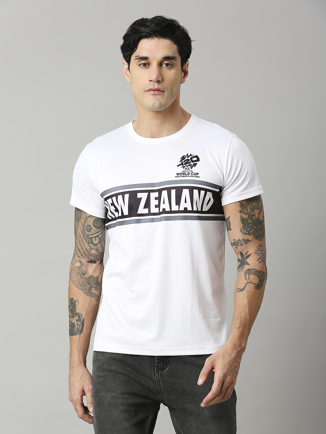 New Zealand ICC Men's T20 WC-24 White Typography Half Sleeves Round Neck Polyester T-Shirt  (1)